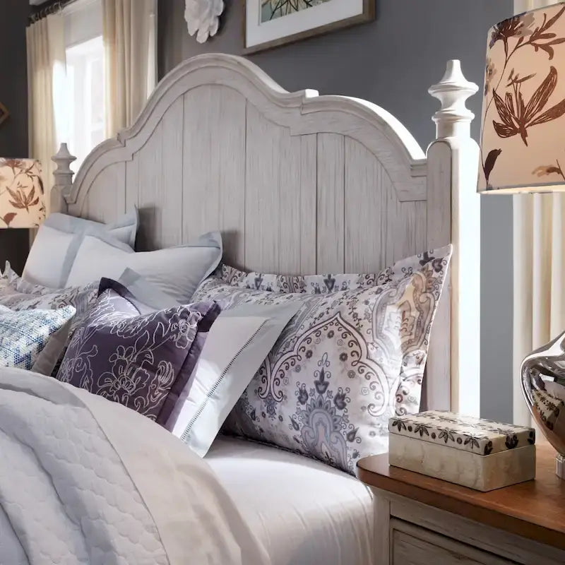 Farmhouse Reimagined Antique White with Chestnut King Poster Bed
