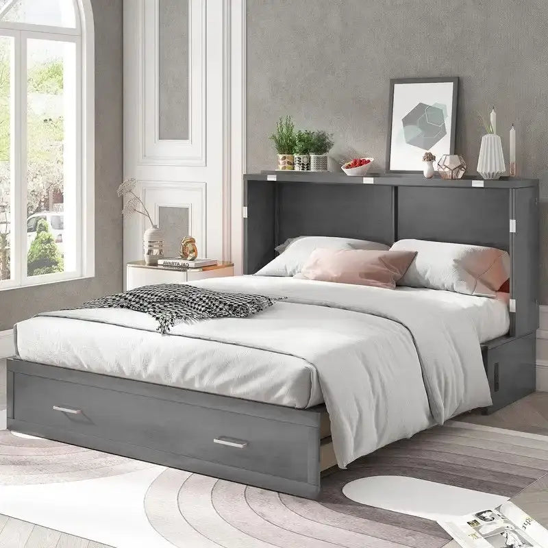 Mixoy Murphy Bed Cabinet Bed Chest with Mattress & Drawer