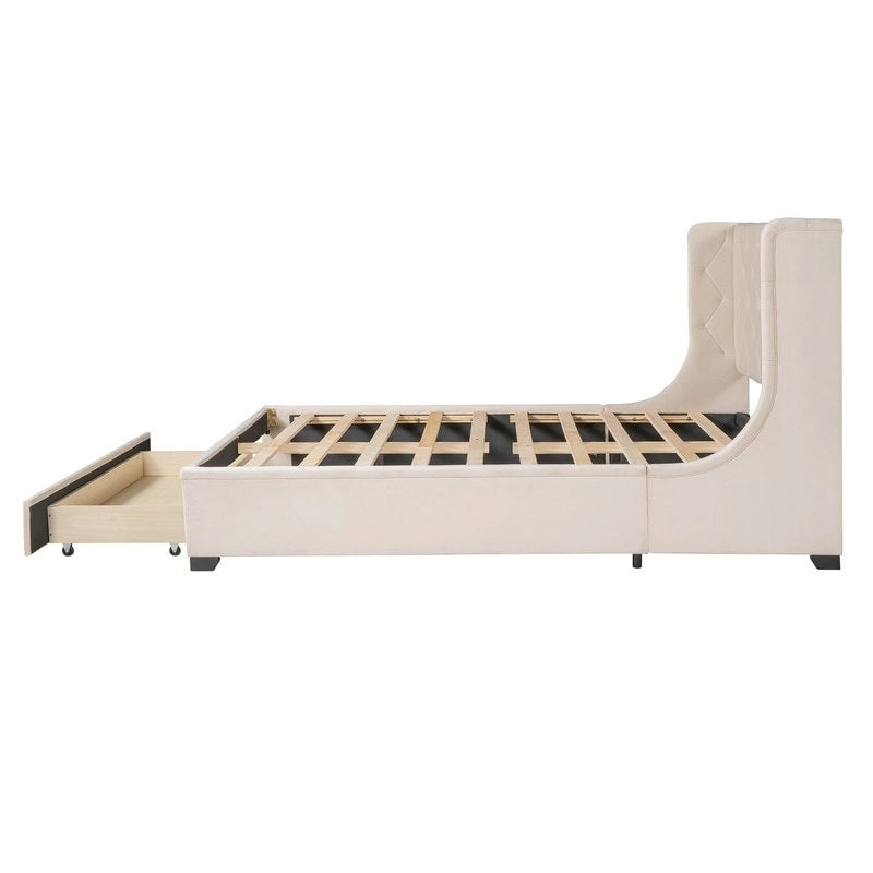 Queen Size Platform Bed with Wingback Headboard and a Big Drawer