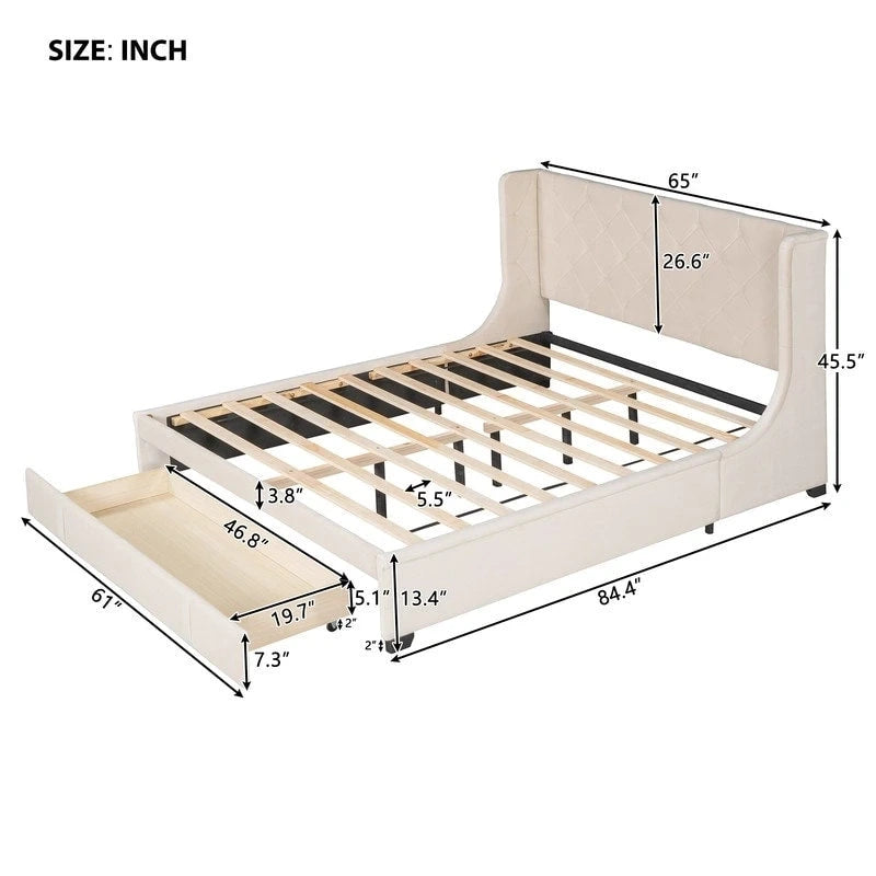 Queen Size Platform Bed with Wingback Headboard and a Big Drawer