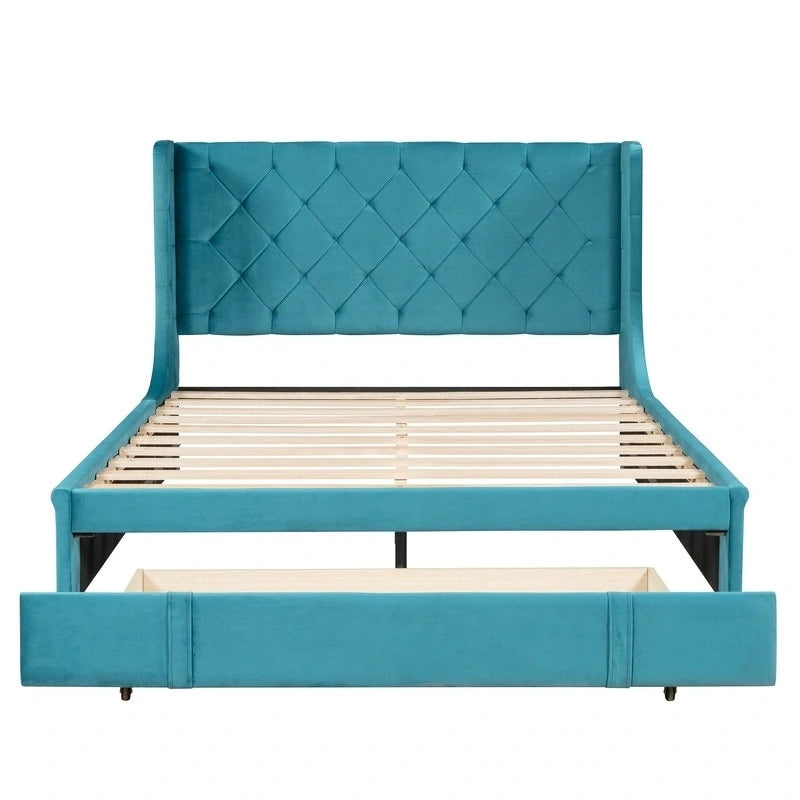 Queen Size Platform Bed with Wingback Headboard and a Big Drawer