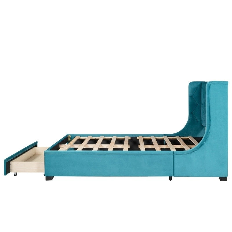 Queen Size Platform Bed with Wingback Headboard and a Big Drawer