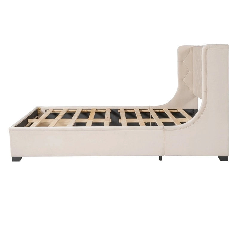 Queen Size Platform Bed with Wingback Headboard and a Big Drawer