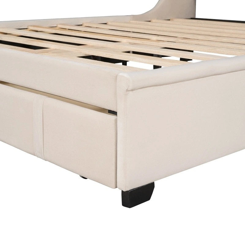 Queen Size Platform Bed with Wingback Headboard and a Big Drawer