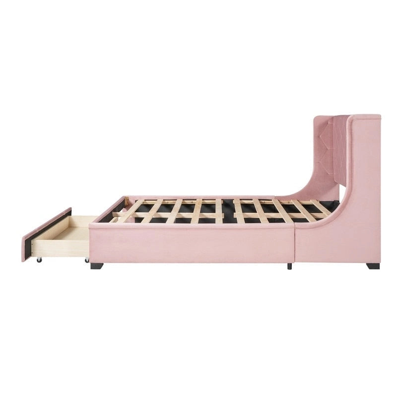 Queen Size Platform Bed with Wingback Headboard and a Big Drawer