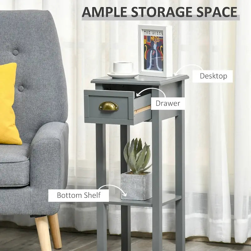 HOMCOM 2-Tier Night Stand with Drawer, Narrow End Table with Bottom Shelf, for Living Room or Bedroom