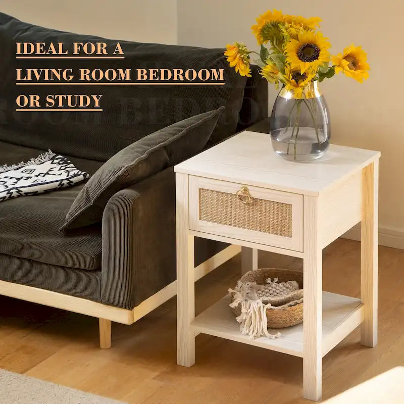 SICOTAS Farmhouse 1-Drawer Rattan Nightstand Set of 2