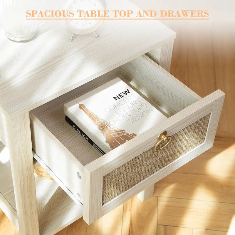 SICOTAS Farmhouse 1-Drawer Rattan Nightstand Set of 2
