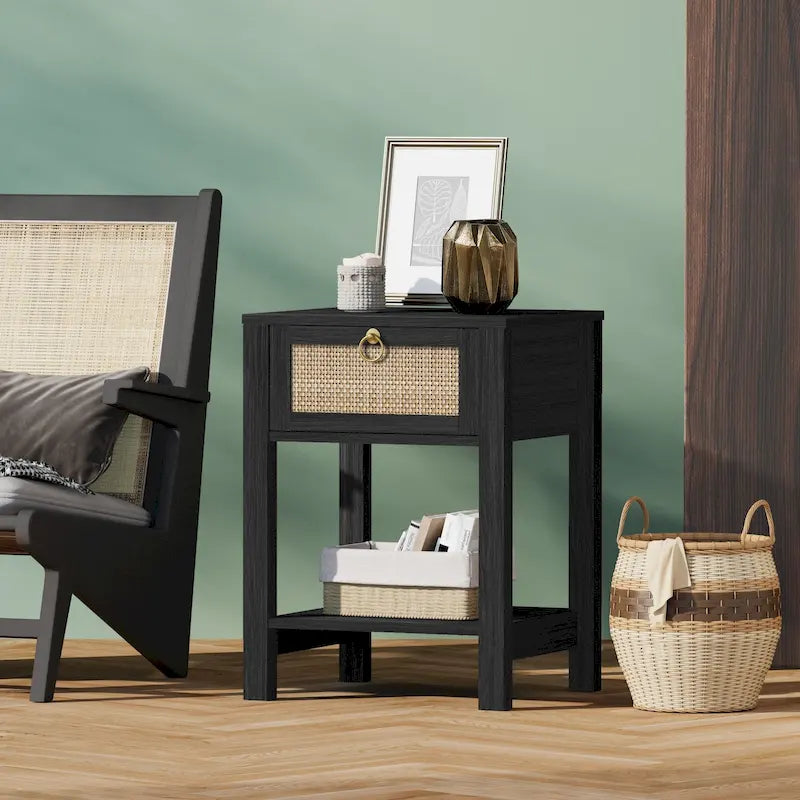 SICOTAS Farmhouse 1-Drawer Rattan Nightstand Set of 2