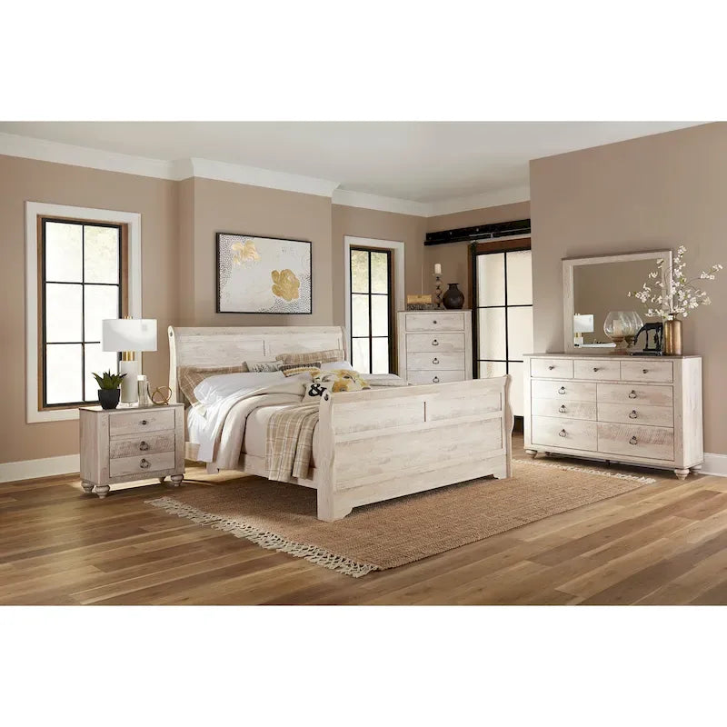 Roundhill Furniture Imerland Contemporary White Wash Finish Bedroom Set with Sleigh Bed, Dresser, Mirror, Two Nightstands, Chest