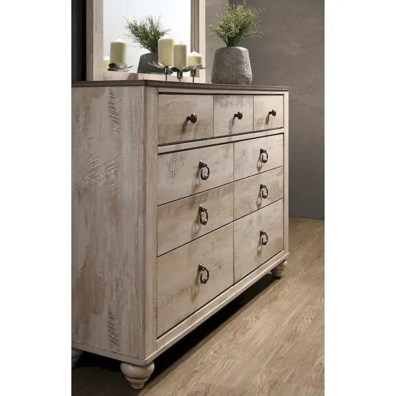 Roundhill Furniture Imerland Contemporary White Wash Finish Bedroom Set with Sleigh Bed, Dresser, Mirror, Two Nightstands, Chest