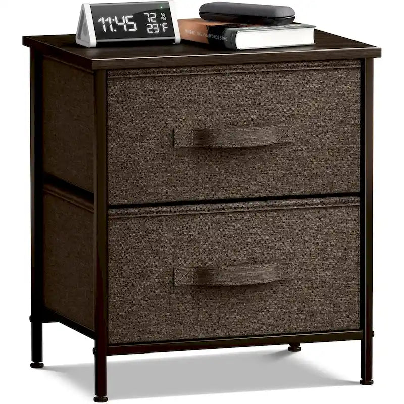 2-Drawer Nightstand with Steel Frame, Wood Top & Fabric Bins – Compact Bedside