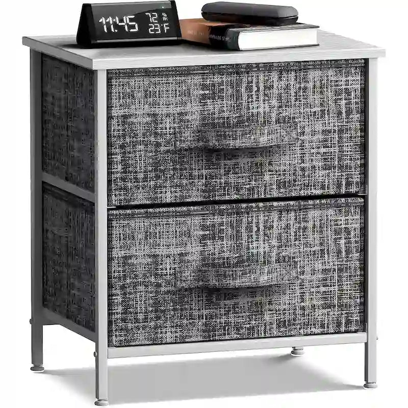 2-Drawer Nightstand with Steel Frame, Wood Top & Fabric Bins – Compact Bedside