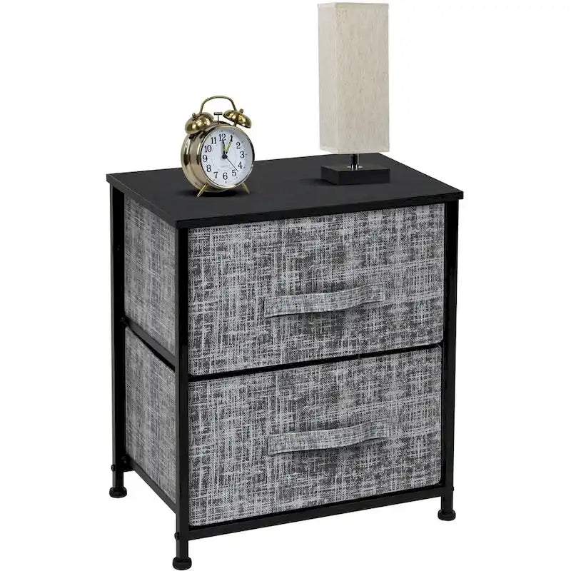 2-Drawer Nightstand with Steel Frame, Wood Top & Fabric Bins – Compact Bedside