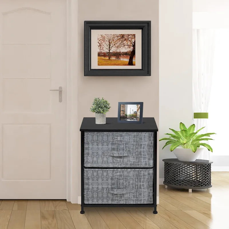 2-Drawer Nightstand with Steel Frame, Wood Top & Fabric Bins – Compact Bedside