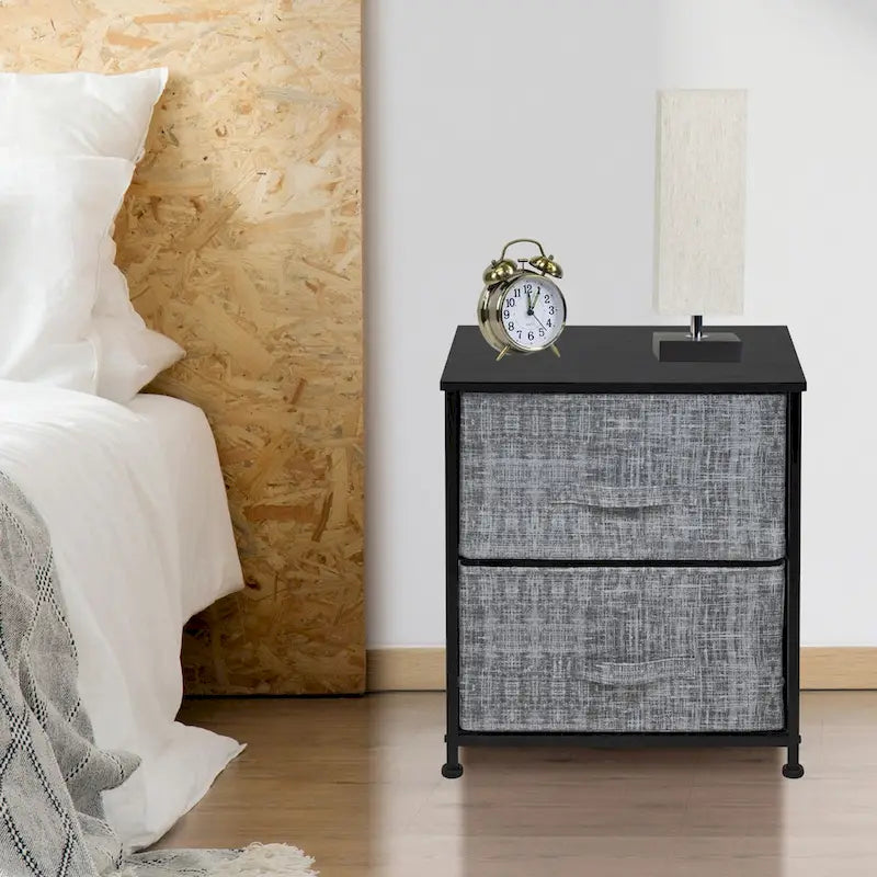 2-Drawer Nightstand with Steel Frame, Wood Top & Fabric Bins – Compact Bedside