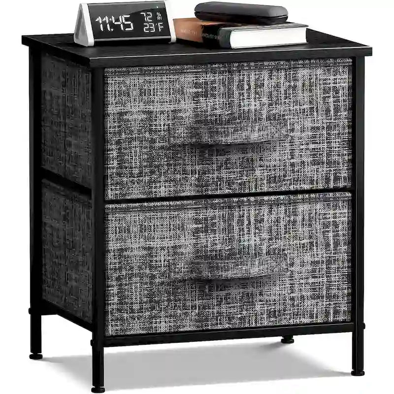 2-Drawer Nightstand with Steel Frame, Wood Top & Fabric Bins – Compact Bedside