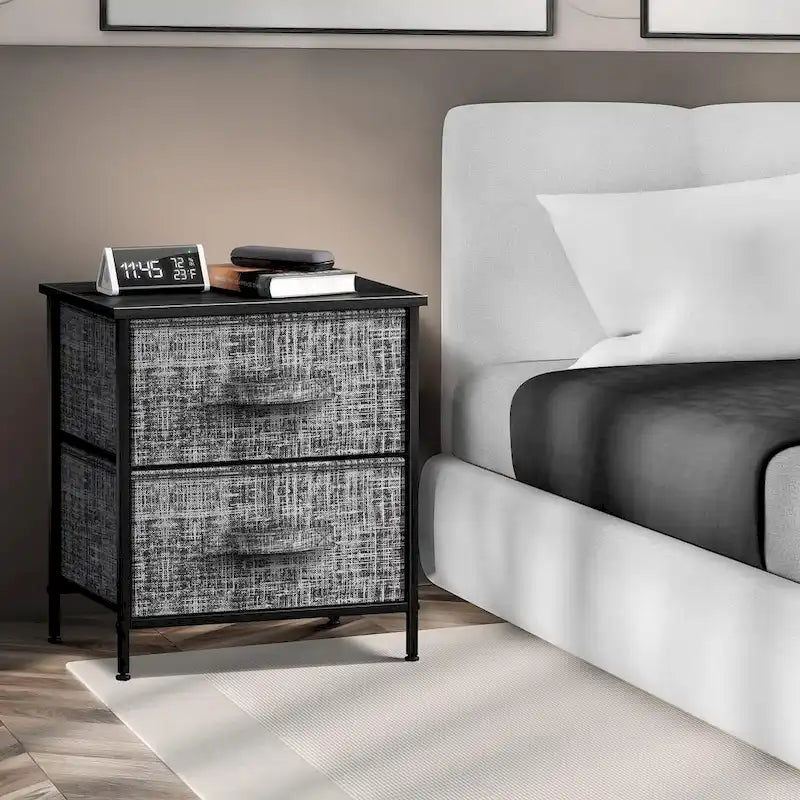 2-Drawer Nightstand with Steel Frame, Wood Top & Fabric Bins – Compact Bedside
