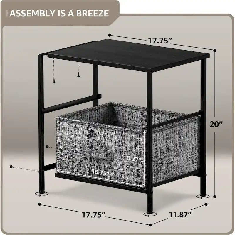 2-Drawer Nightstand with Steel Frame, Wood Top & Fabric Bins – Compact Bedside