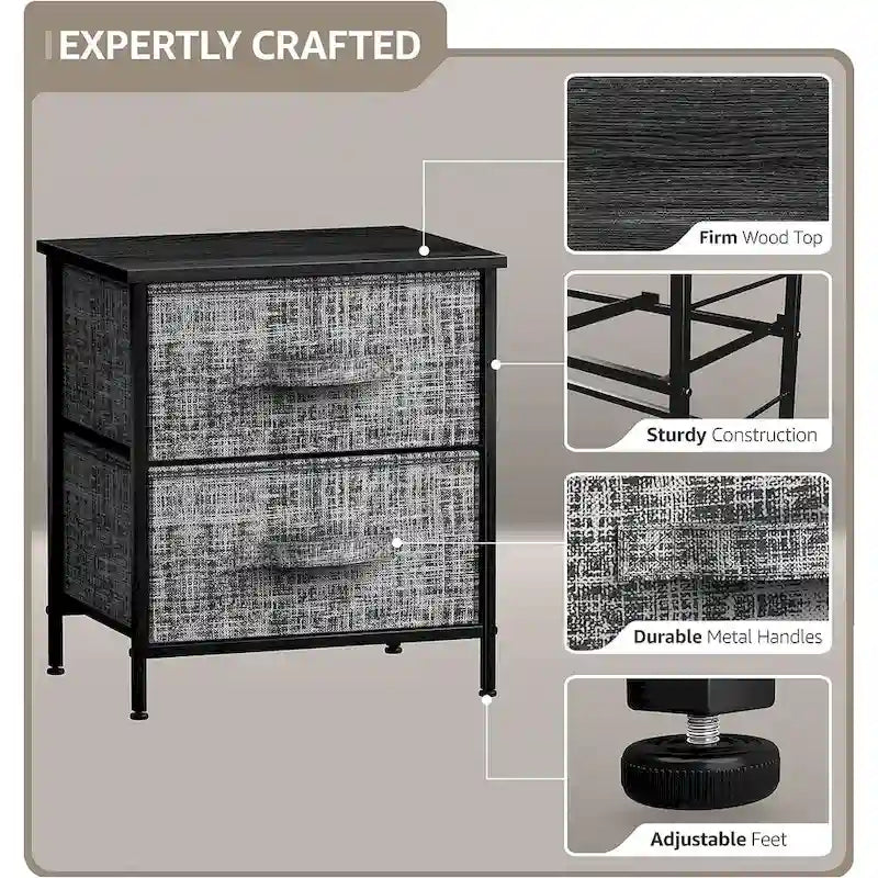 2-Drawer Nightstand with Steel Frame, Wood Top & Fabric Bins – Compact Bedside