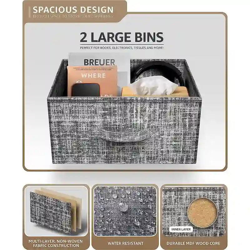 2-Drawer Nightstand with Steel Frame, Wood Top & Fabric Bins – Compact Bedside