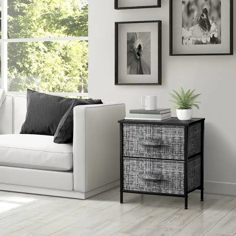 2-Drawer Nightstand with Steel Frame, Wood Top & Fabric Bins – Compact Bedside