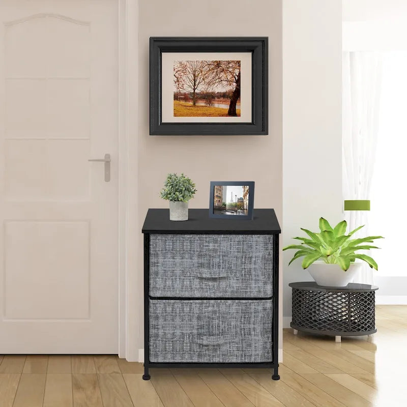 2-Drawer Nightstand with Steel Frame, Wood Top & Fabric Bins – Compact Bedside