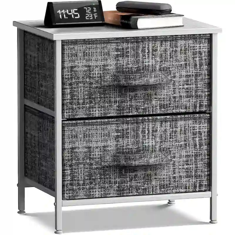 2-Drawer Nightstand with Steel Frame, Wood Top & Fabric Bins – Compact Bedside