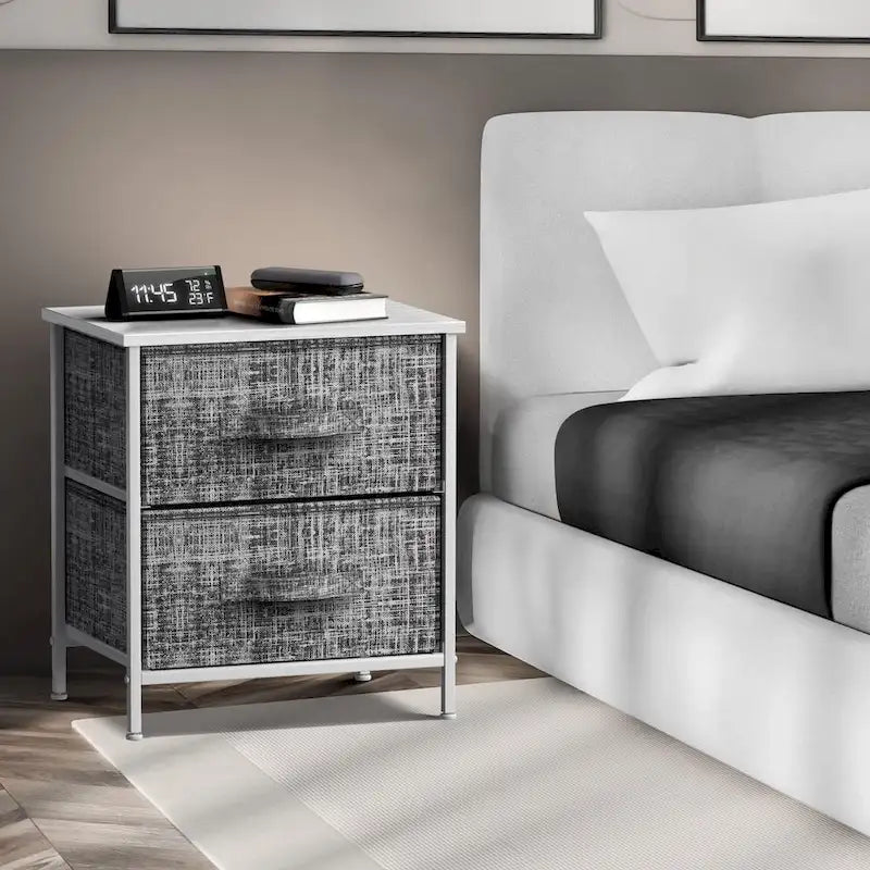 2-Drawer Nightstand with Steel Frame, Wood Top & Fabric Bins – Compact Bedside