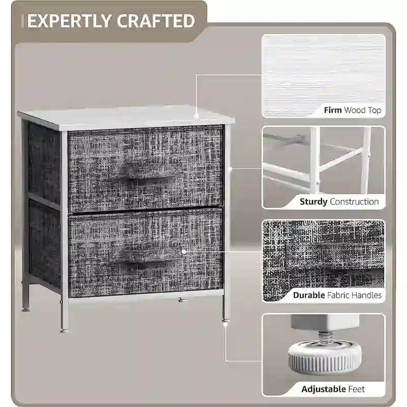 2-Drawer Nightstand with Steel Frame, Wood Top & Fabric Bins – Compact Bedside