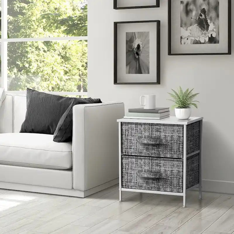 2-Drawer Nightstand with Steel Frame, Wood Top & Fabric Bins – Compact Bedside