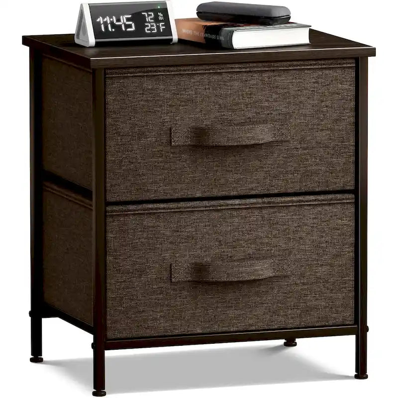 2-Drawer Nightstand with Steel Frame, Wood Top & Fabric Bins – Compact Bedside