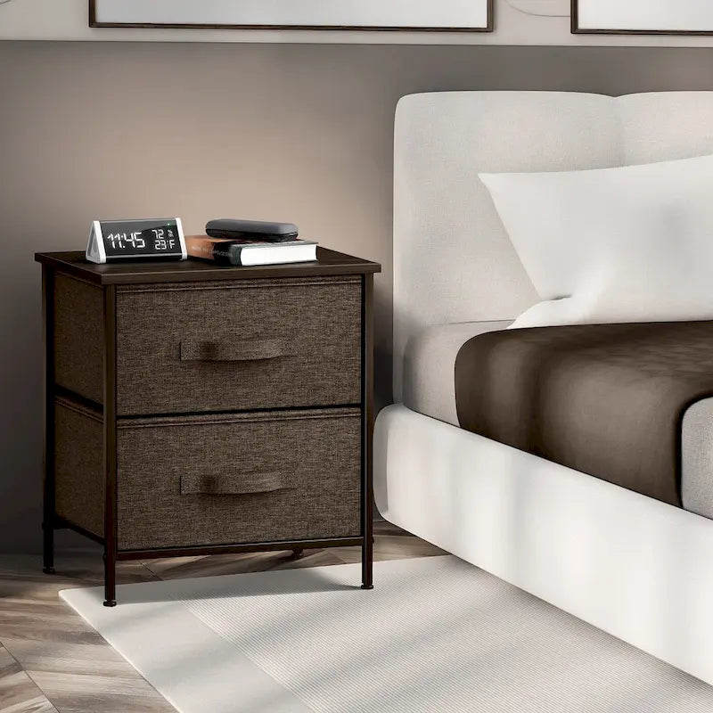 2-Drawer Nightstand with Steel Frame, Wood Top & Fabric Bins – Compact Bedside