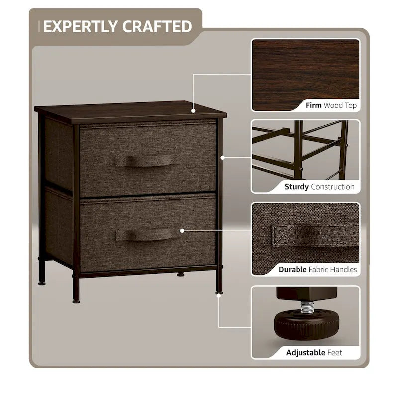 2-Drawer Nightstand with Steel Frame, Wood Top & Fabric Bins – Compact Bedside