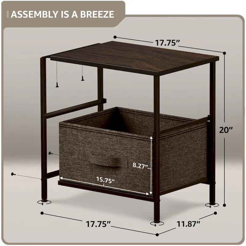 2-Drawer Nightstand with Steel Frame, Wood Top & Fabric Bins – Compact Bedside