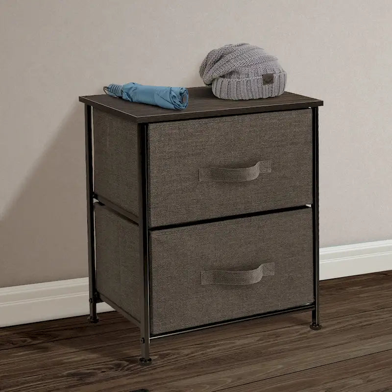 2-Drawer Nightstand with Steel Frame, Wood Top & Fabric Bins – Compact Bedside