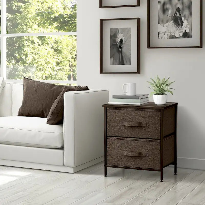 2-Drawer Nightstand with Steel Frame, Wood Top & Fabric Bins – Compact Bedside