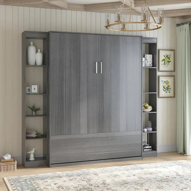 Mixoy Murphy Bed,Folding Wall Bed with 2 Side Cabinet Shelves
