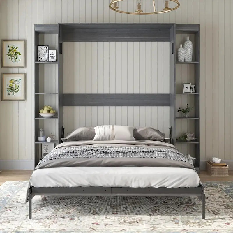 Mixoy Murphy Bed,Folding Wall Bed with 2 Side Cabinet Shelves