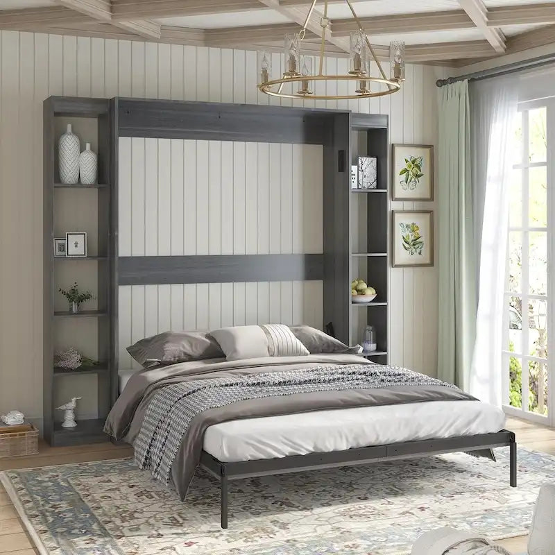 Mixoy Murphy Bed,Folding Wall Bed with 2 Side Cabinet Shelves