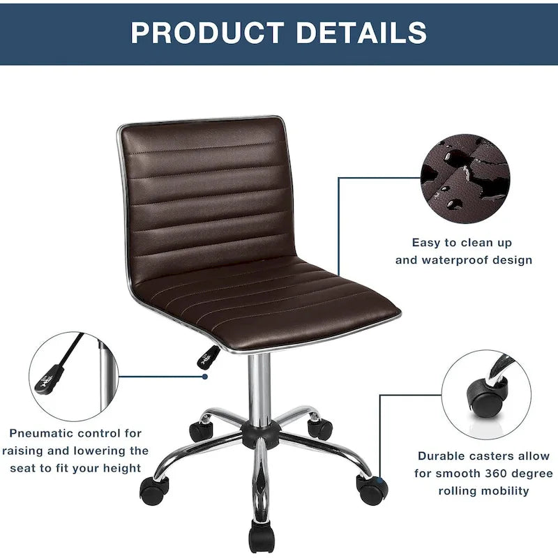 BOSSIN Adjustable Home Office Chair, Mid-Back Armless Ribbed Swivel Task Chair,Vanity Chair for Small Space, Livingroom Make-up