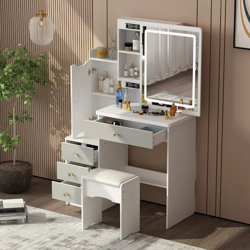 Timechee Makeup Vanity Set with Sliding Lighted Mirror Dressing Table - 33L x 15.7W x 52.4H