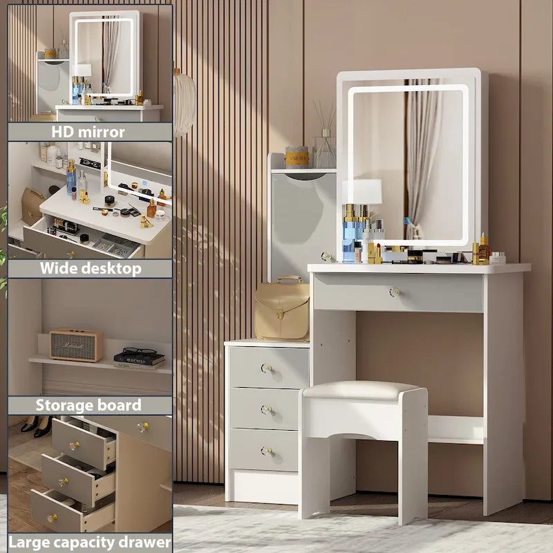 Timechee Makeup Vanity Set with Sliding Lighted Mirror Dressing Table - 33L x 15.7W x 52.4H