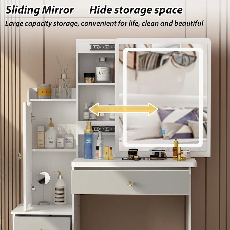 Timechee Makeup Vanity Set with Sliding Lighted Mirror Dressing Table - 33L x 15.7W x 52.4H
