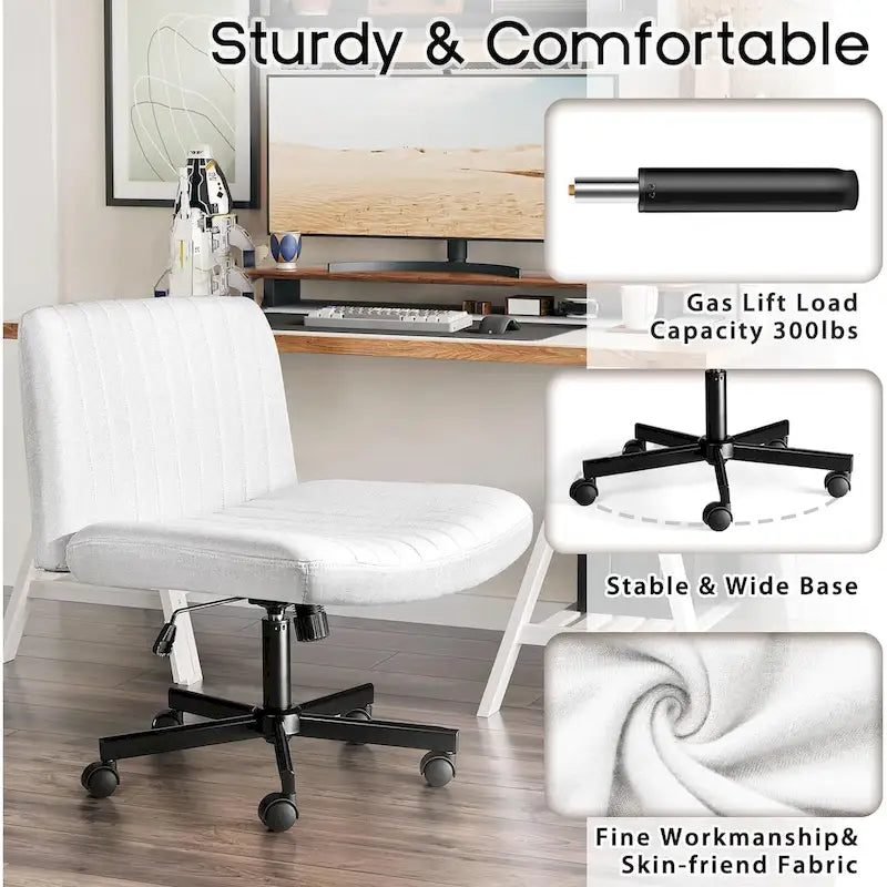 Bossin Criss Cross Chair Armless Office Desk Chair with Wheels,Fabric Padded Cross Legged Chair, Swivel Wide Seat Vanity Chair