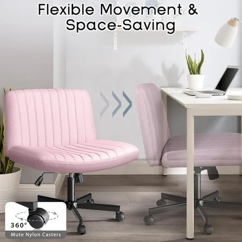 Bossin Criss Cross Chair Armless Office Desk Chair with Wheels,Fabric Padded Cross Legged Chair, Swivel Wide Seat Vanity Chair
