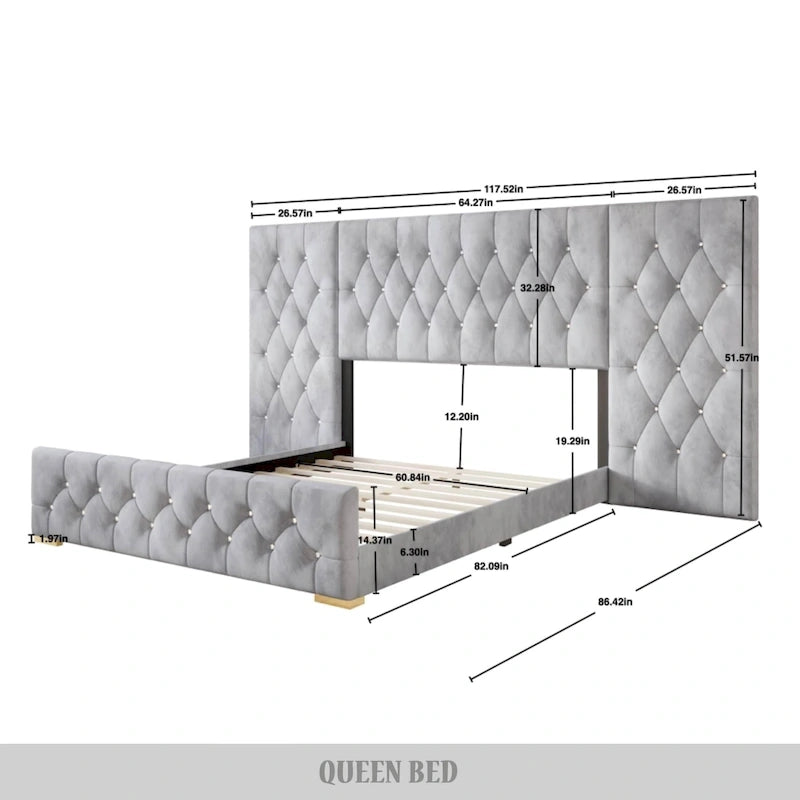 CraftPorch Luxurious Velvet Tufted Platform Bed with Wall Panels