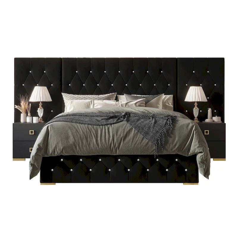 CraftPorch Luxurious Velvet Tufted Platform Bed with Wall Panels