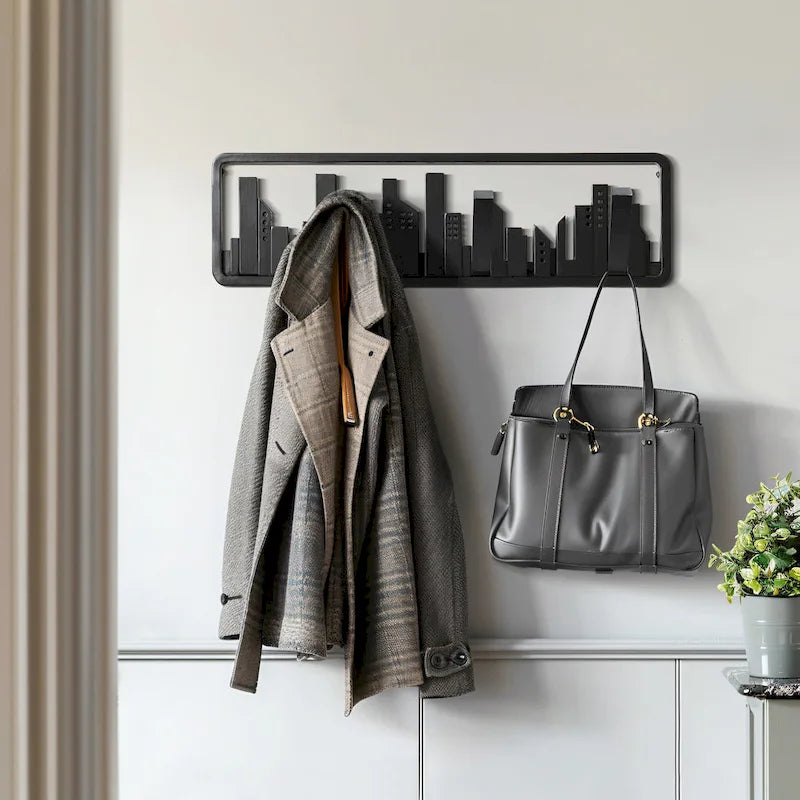 Black Wood 4-Hook Wall-Mounted Coat and Towel Rack - 22.3 Wide