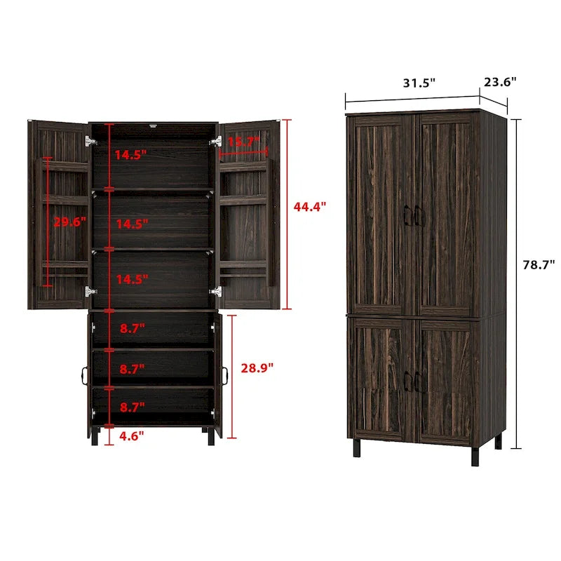 Space-Saving Storage Solution Pantry Cabinet w/Dark Wood Grain Kitchen - 31.5Wx23.6Dx78.7H